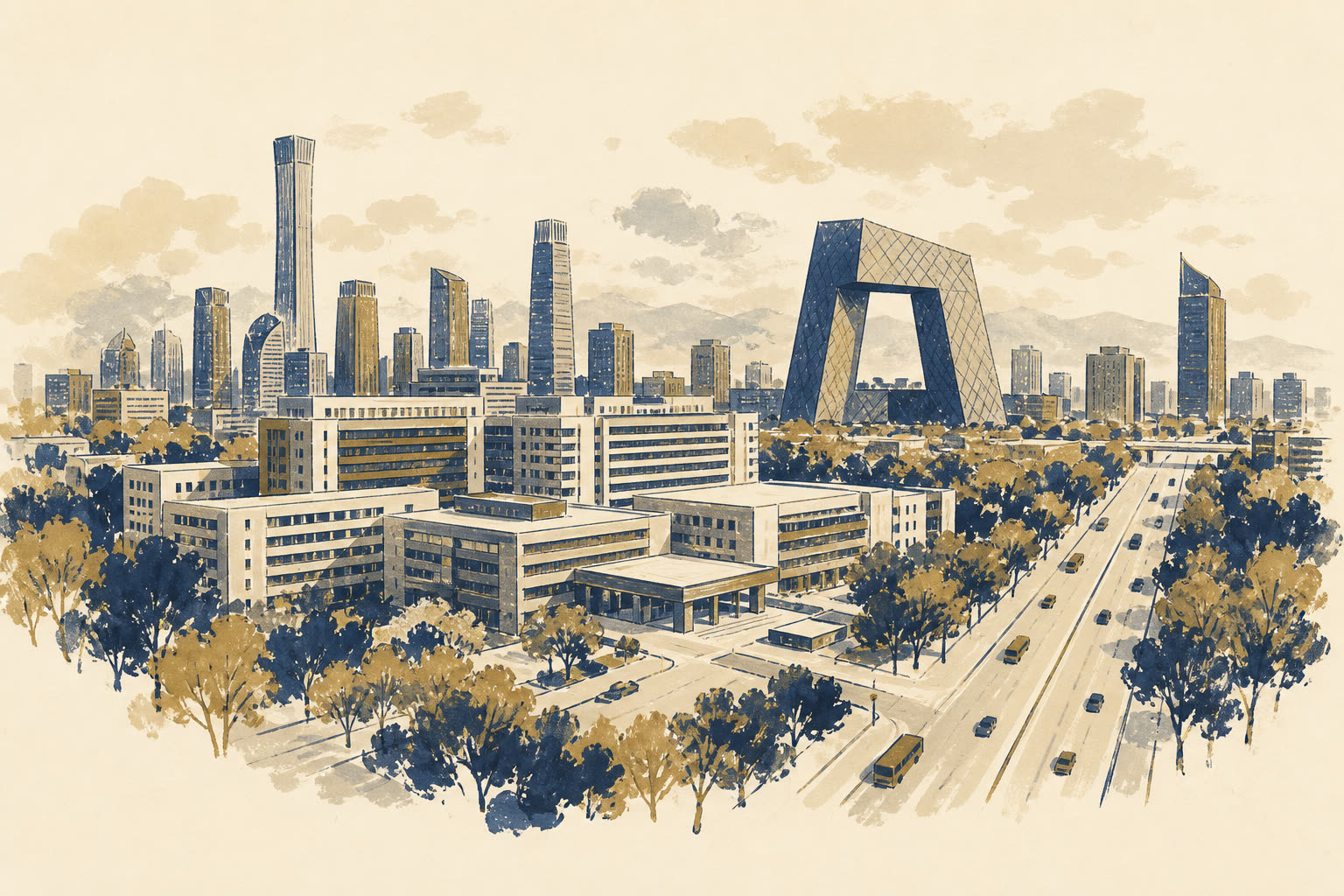 Illustration of Beijing: a hospital campus and a quiet skyline