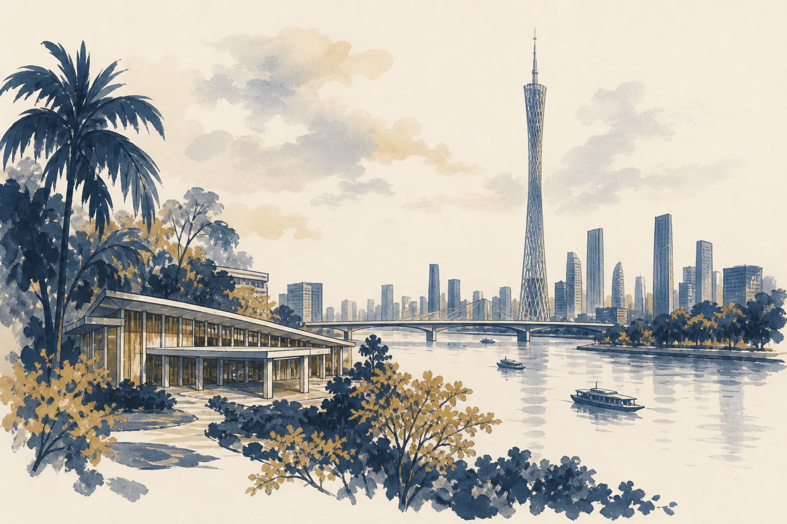 Illustration of Guangzhou: river, a slim tower, and a hospital pavilion