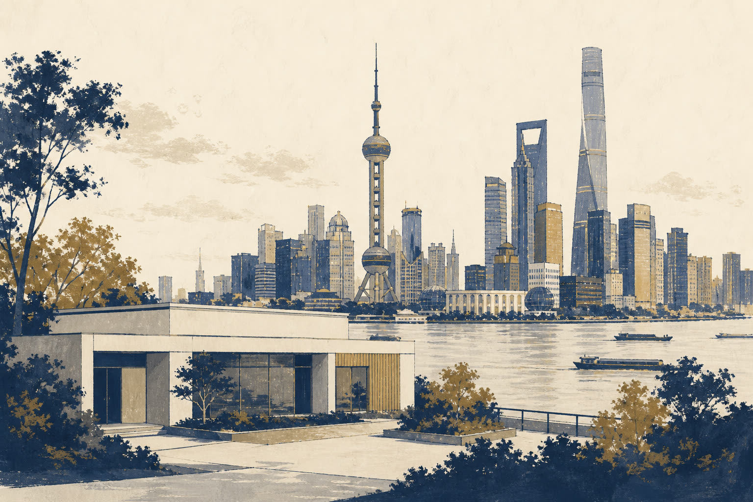 Illustration of Shanghai: river, towers, and a clinic