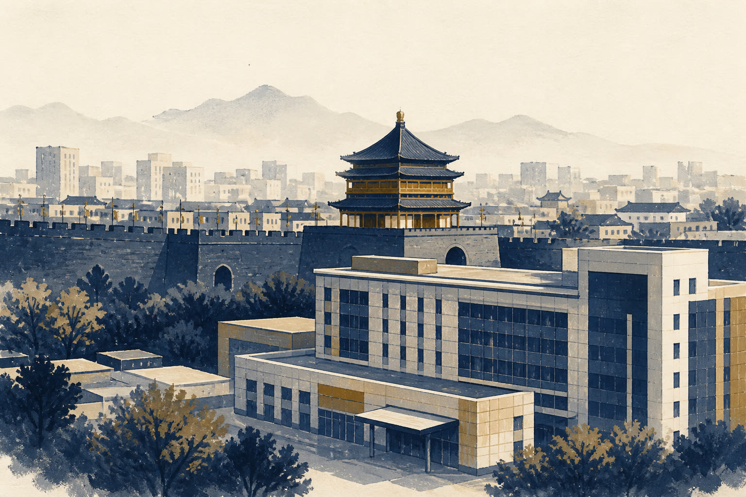 Illustration of Xi'an: city wall, a tower, and a hospital