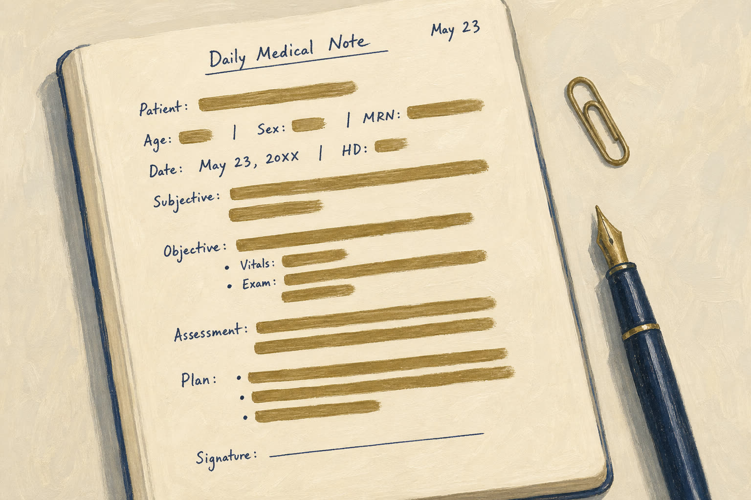 Illustration of an English medical note and a fountain pen