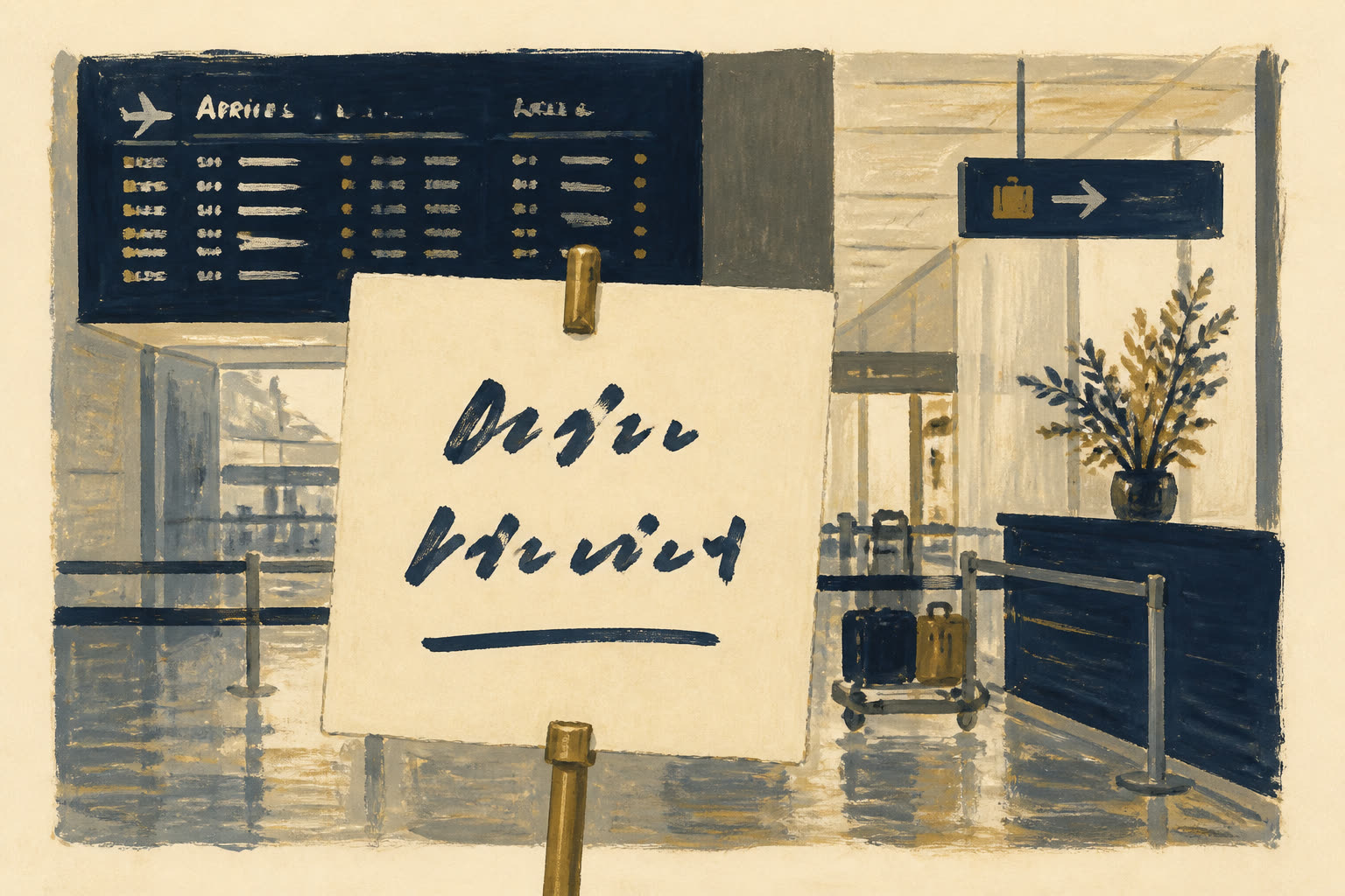 Illustration of an airport pickup with a paper name board