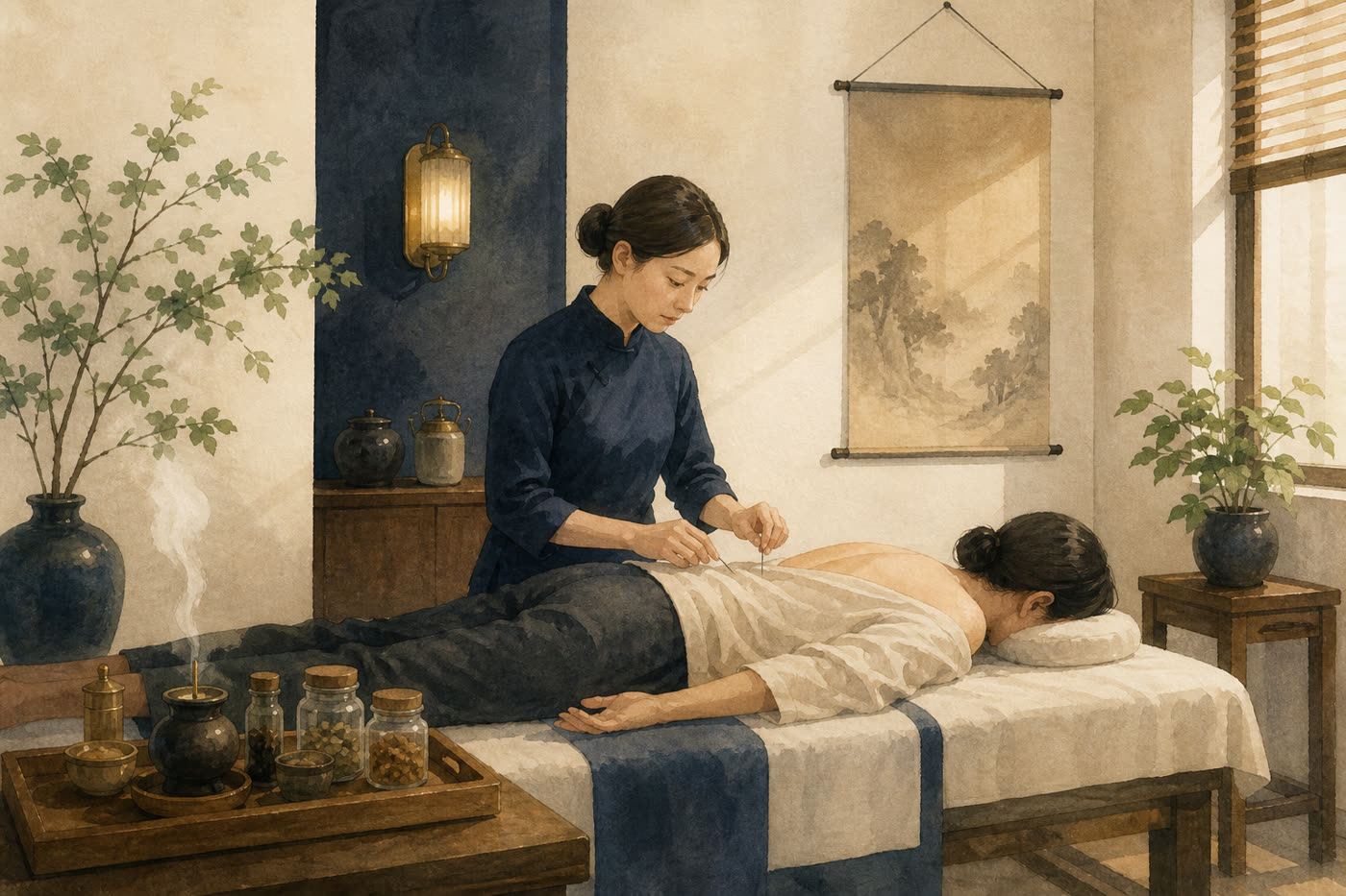 Illustration of a TCM acupuncture treatment room